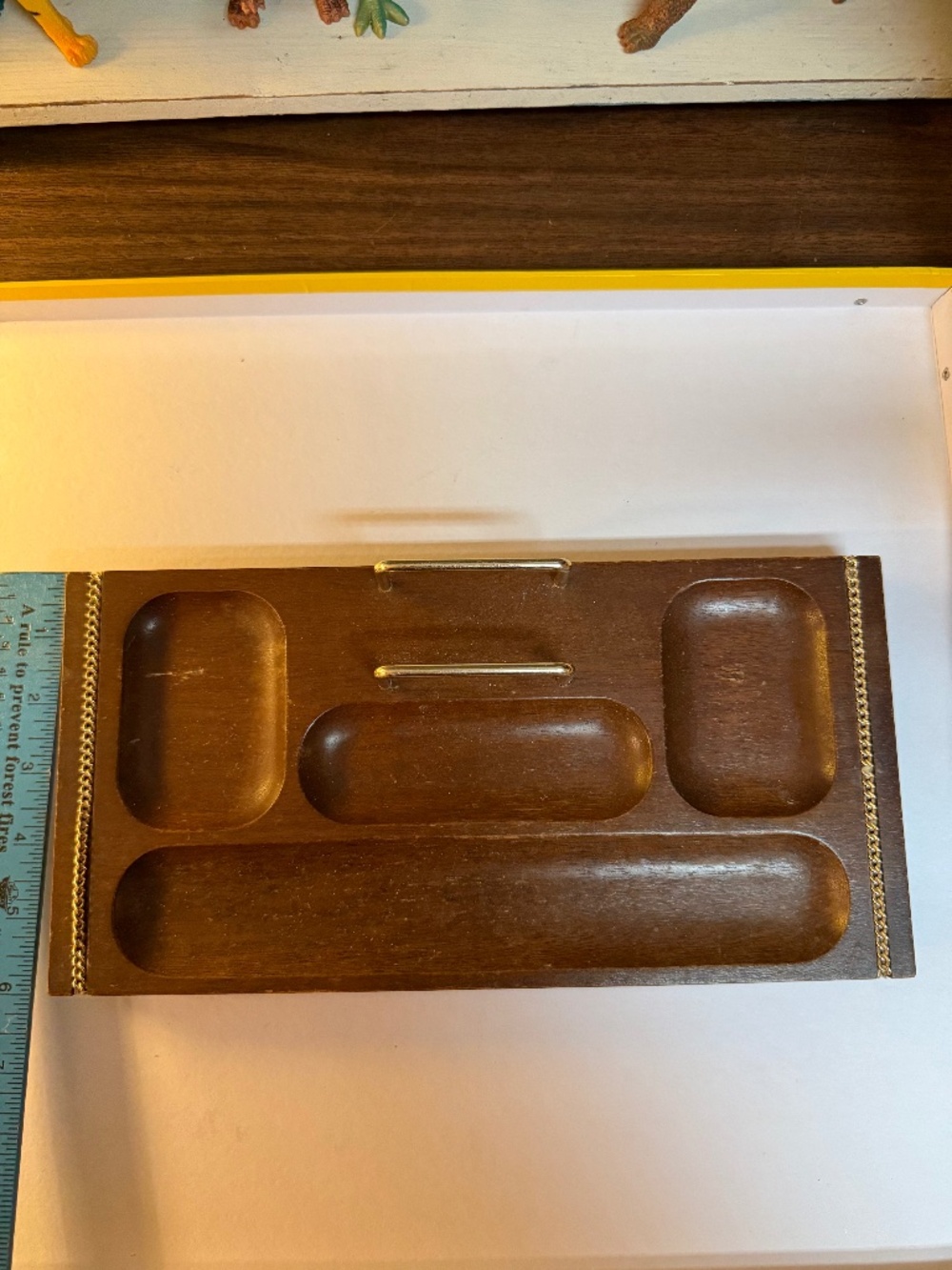 vintage MCM walnut and brass dresser caddy 1960s valet tray
